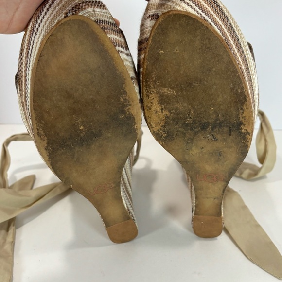 UGG Jules Tan Ribbon Strappy Tie Jute Espadrille Striped Sandals Wedge Sz 10 - Picture 11 of 12